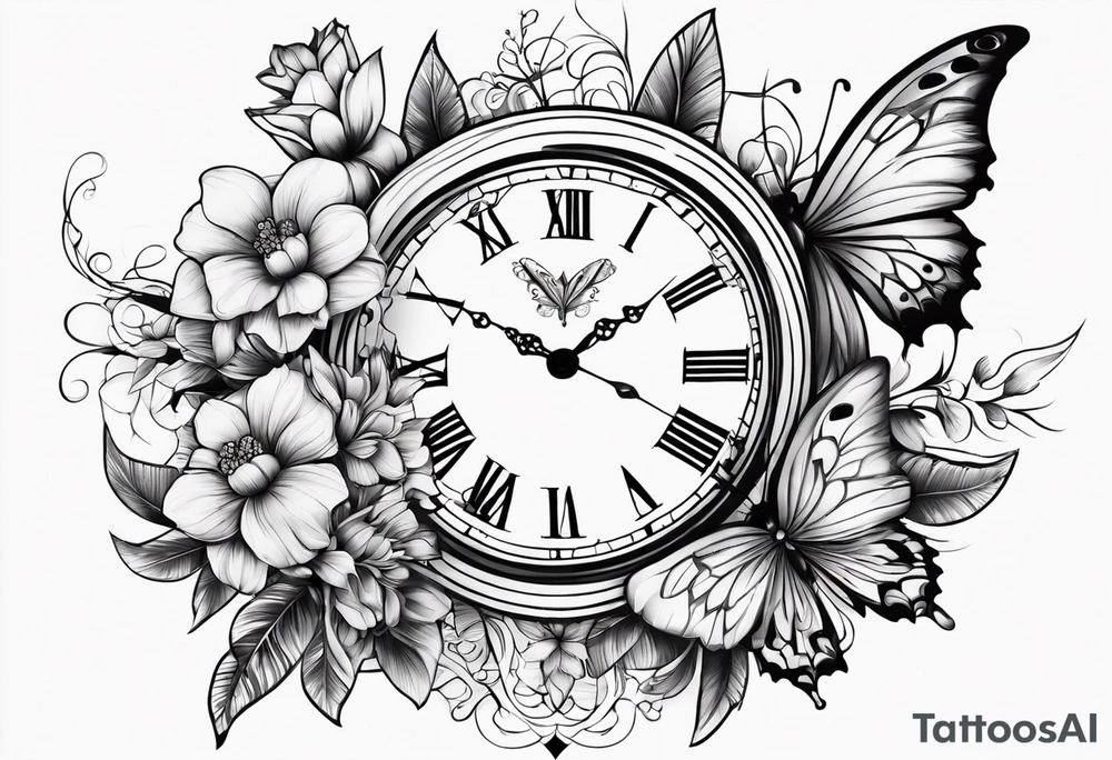 Sands of time with butterflies and flowers and lots of color tattoo idea