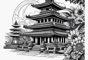 Bali temples black and grey with sunflower tattoo idea