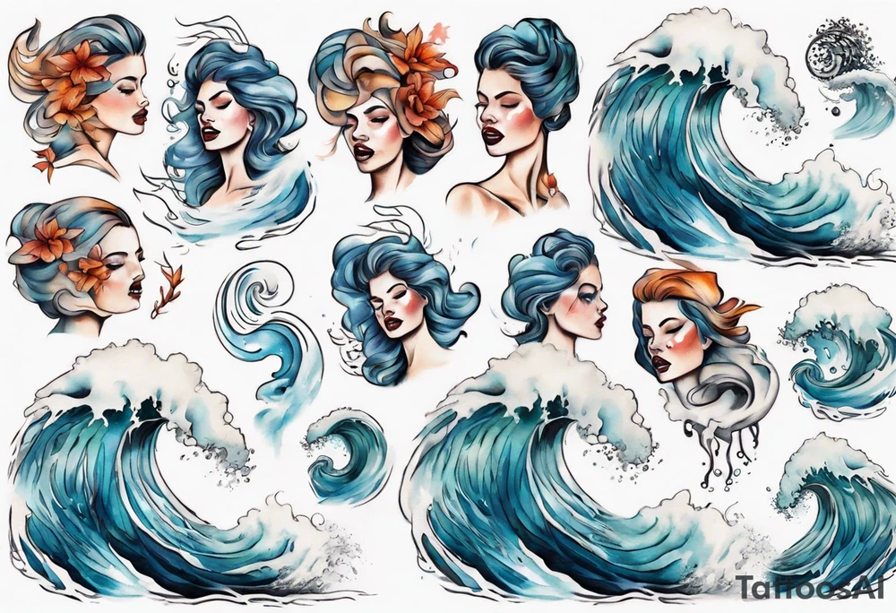 a crashing wave with the face of a woman tattoo idea