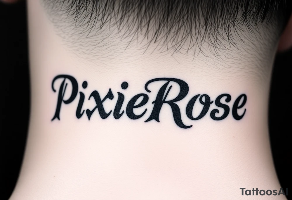 "PixieRose" in a gangsters Chicano calligraphy style font 
Tattoo idea above a man's eyebrow tattoo idea