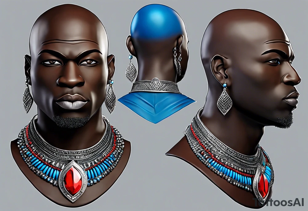 Black-skinned bald african warrior bust. He wears a simple and small silver crown. He uses two simple necklaces: one blue, other red. tattoo idea