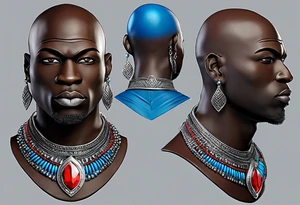 Black-skinned bald african warrior bust. He wears a simple and small silver crown. He uses two simple necklaces: one blue, other red. tattoo idea