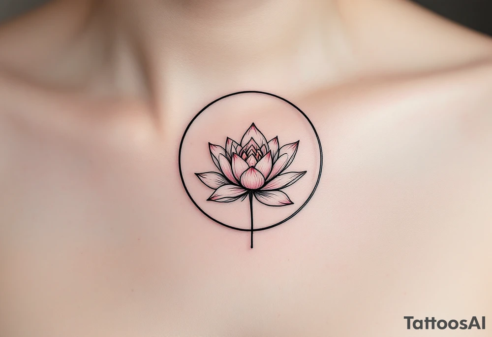 A small and thin black circle enclosing a delicate lotus flower in soft pink and white. tattoo idea