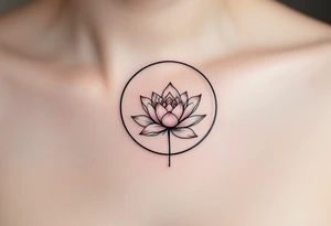 A small and thin black circle enclosing a delicate lotus flower in soft pink and white. tattoo idea