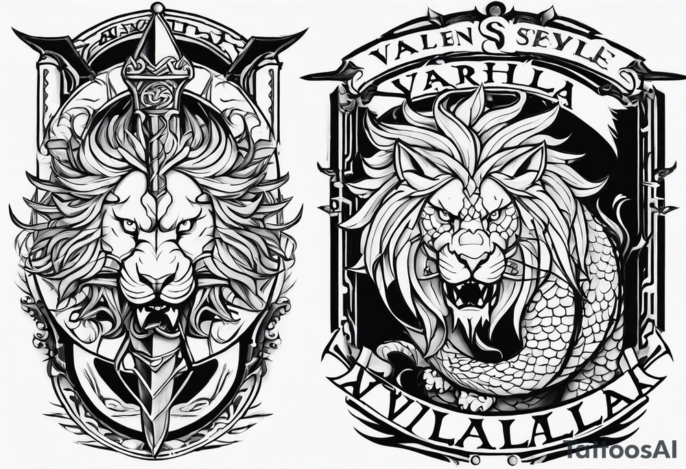 Valhalla lion sword stairs dragon tattoo idea