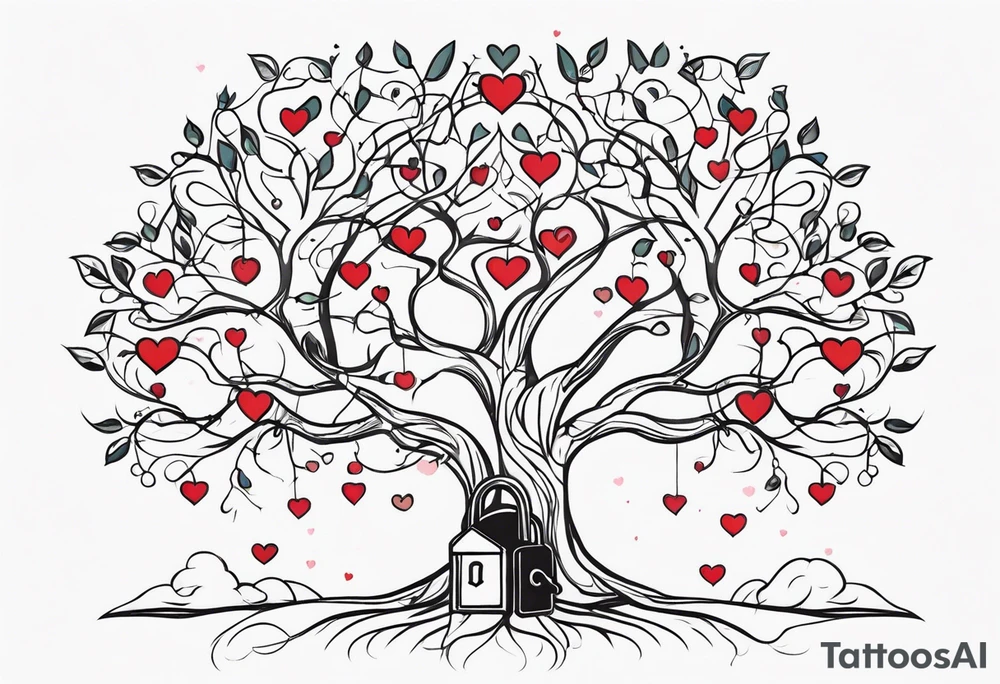 Family tree with lock and hearts tattoo idea