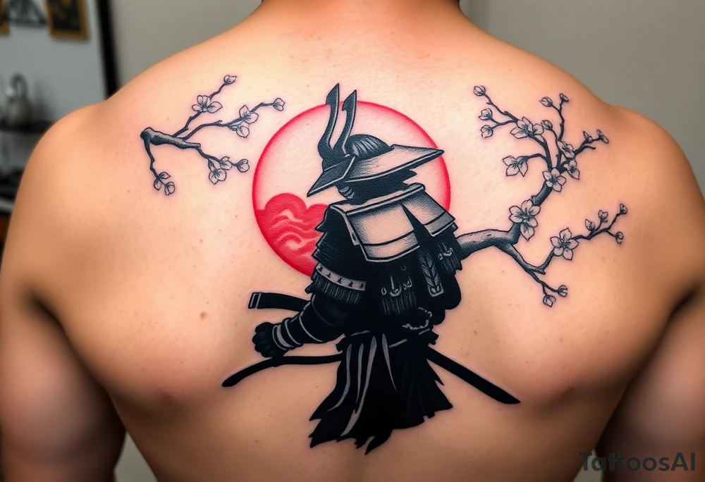 noble samurai warrior silhouette at sunset with cherry blossoms tattoo idea