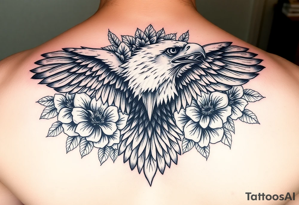 A color Neo traditional full bodied American bald eagle tattoo surrounded by Neo traditional flowers. Eagle should look fierce and mean and majestic. Meant for a color tattoo tattoo idea