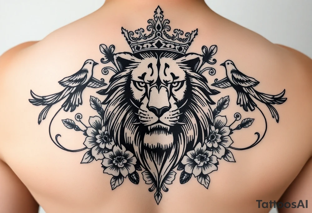 powerful majestic lion with a crown, surrounded by floral ornaments and birds tattoo idea