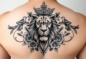 powerful majestic lion with a crown, surrounded by floral ornaments and birds tattoo idea