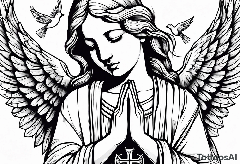 Angel baby praying hands birds flying Jesus cross tattoo idea