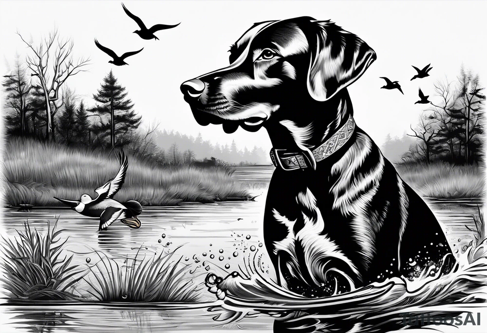 bird dog retrieving duck from marsh in its mouth tattoo idea