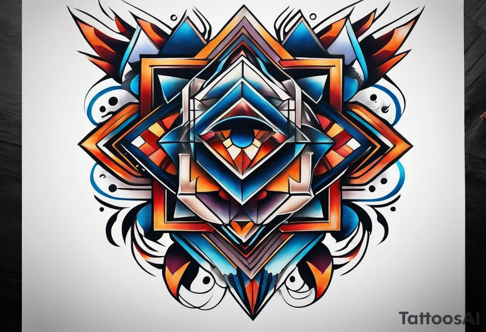 semi Detailed neo traditional knee tattoo flat on paper. The tattoo features geometric patterns and bold lines, creating a visually striking design with slight tints of deep fall colors. outside the tattoo features deep blues washes and water swirls tattoo idea