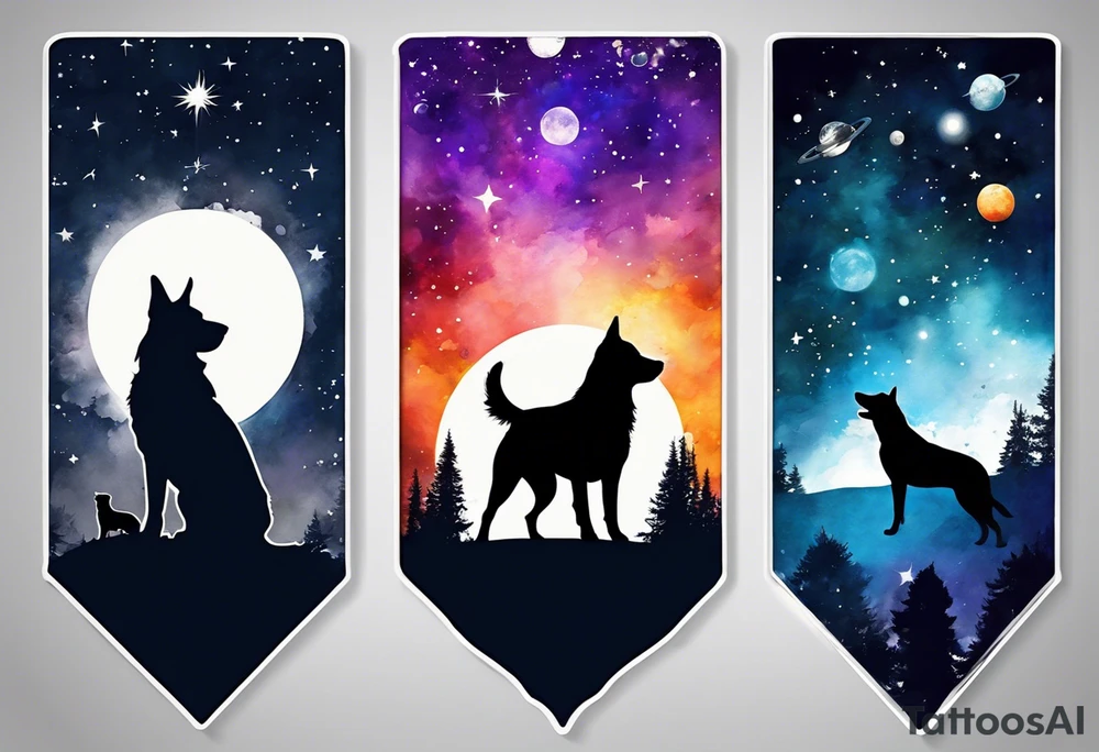4 silhouettes looking up at outer space. 3 of the silhouettes must be dogs. 1 of the silhouettes must be an adult human male. tattoo idea