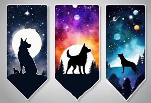 4 silhouettes looking up at outer space. 3 of the silhouettes must be dogs. 1 of the silhouettes must be an adult human male. tattoo idea