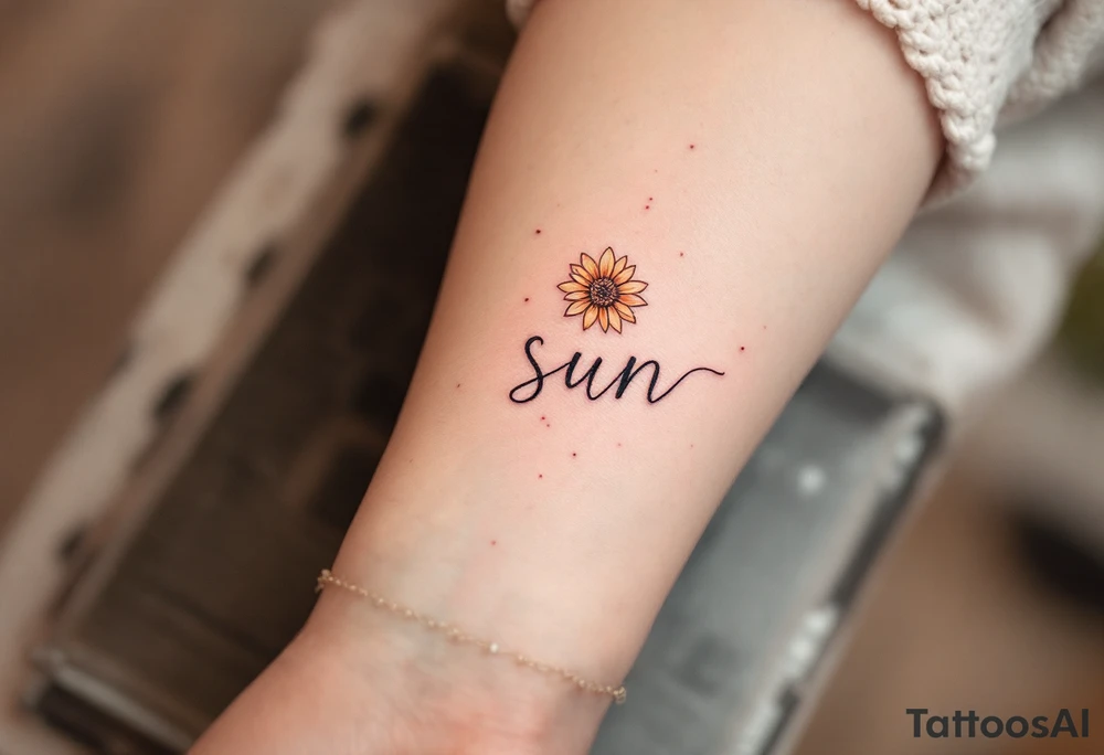 Word "Sun" written vertical with small sunflower in pink tattoo idea