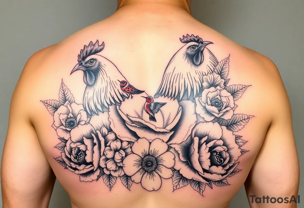 A chicken surrounded by peony , roses and hydrangeas with ladybug on flowers petal with hummingbird tattoo idea