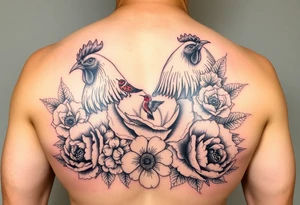 A chicken surrounded by peony , roses and hydrangeas with ladybug on flowers petal with hummingbird tattoo idea