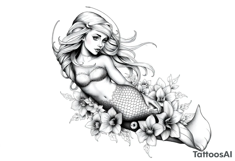 ethereal mermaid with flowing hair among coral and sea flowers tattoo idea