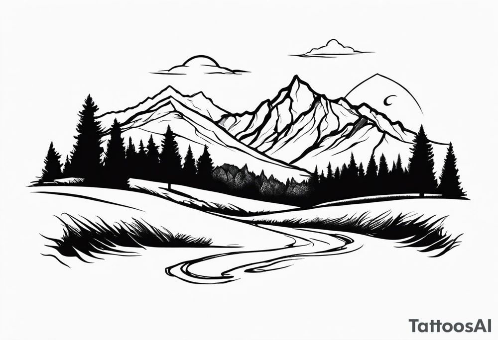 Fellowship of the ring walking with mountains and trees tattoo idea