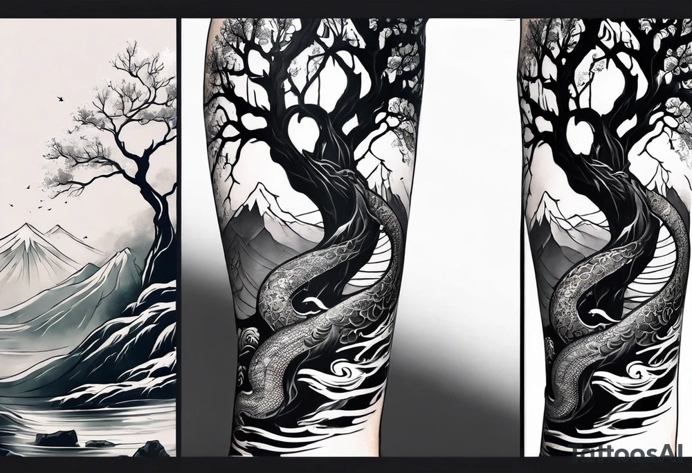 Full arm sleeve, tree going up to shoulder dead tree going down to wrist, wrapped in a serpent moving down with mountain and water elements tattoo idea