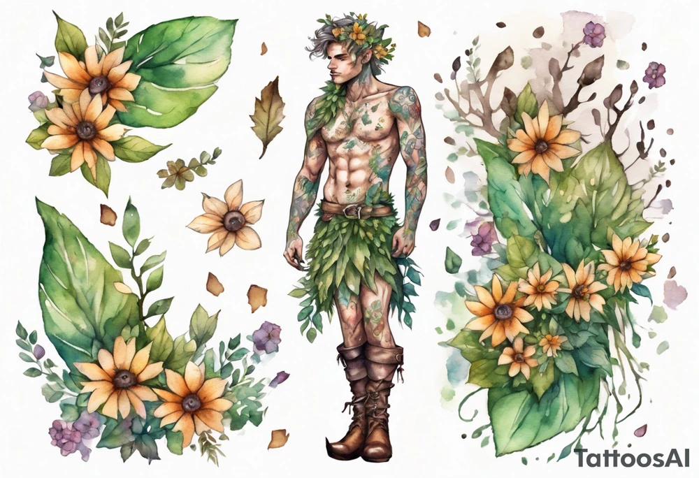 a male dryad covered in flowers wearing a leafy skirt and boots made from tree bark tattoo idea