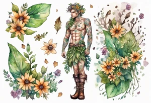 a male dryad covered in flowers wearing a leafy skirt and boots made from tree bark tattoo idea