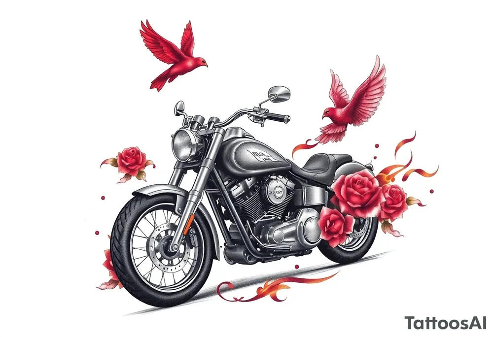 Harley grey motorcycle driving away, two red birds flying, roses, flames, angel wings tattoo idea
