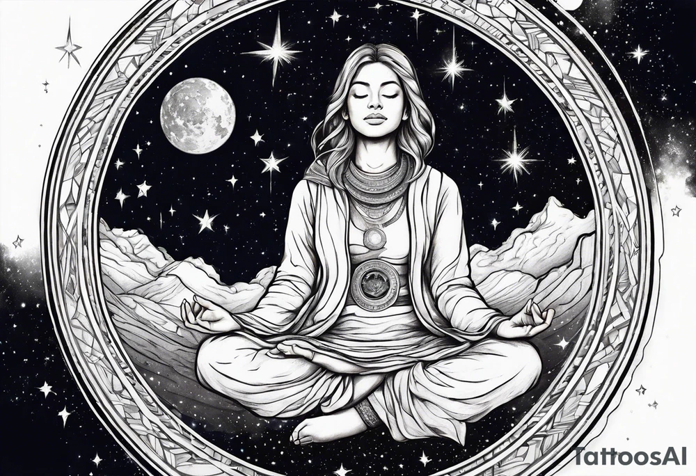 person meditating in space among the stars tattoo idea
