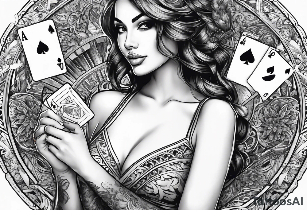 woman one hand holding poker cards tattoo idea