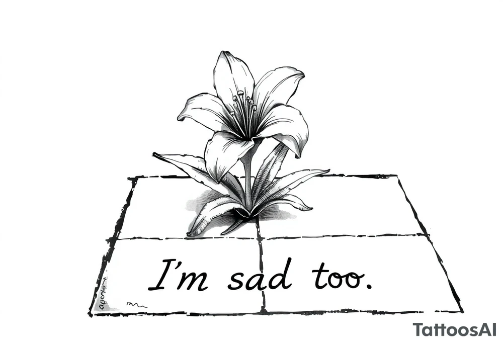 Lily growing out of tile floor with the words I’m sad too written small in the grout between two tiles tattoo idea
