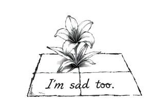 Lily growing out of tile floor with the words I’m sad too written small in the grout between two tiles tattoo idea