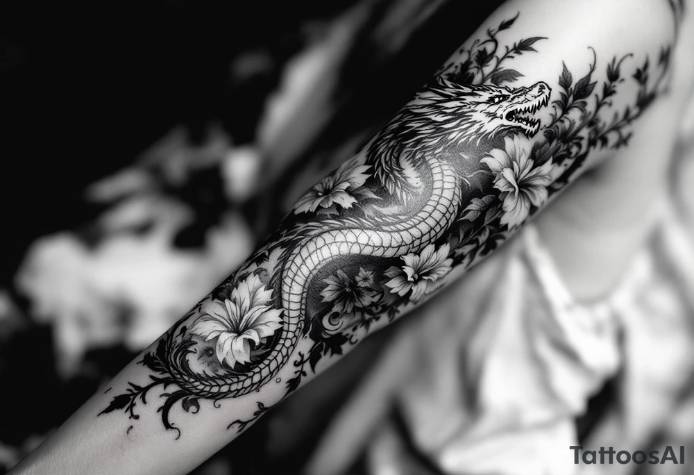 un dragon central entouré de fleurs de lys tattoo idea