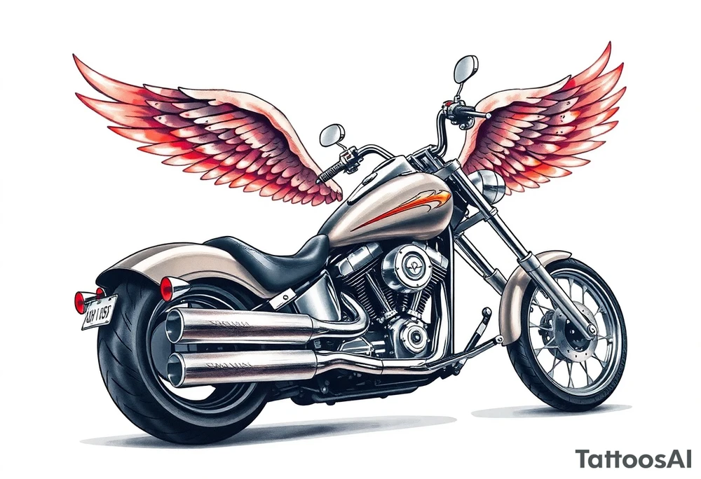 Low rider grey motorcycle, big muffler pipes with flames, angel wings, driving away, no person tattoo idea