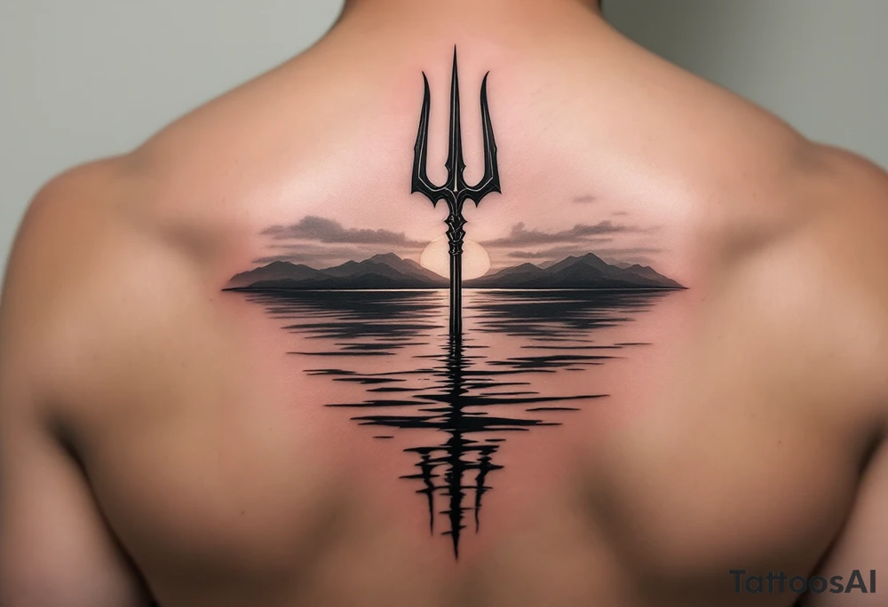 trident half way under calm water with sunset tattoo idea