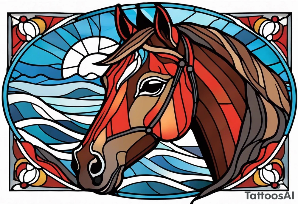 stained glass window with a red and brown horse's head rising from the blue ocean waves tattoo idea