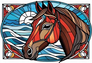 stained glass window with a red and brown horse's head rising from the blue ocean waves tattoo idea