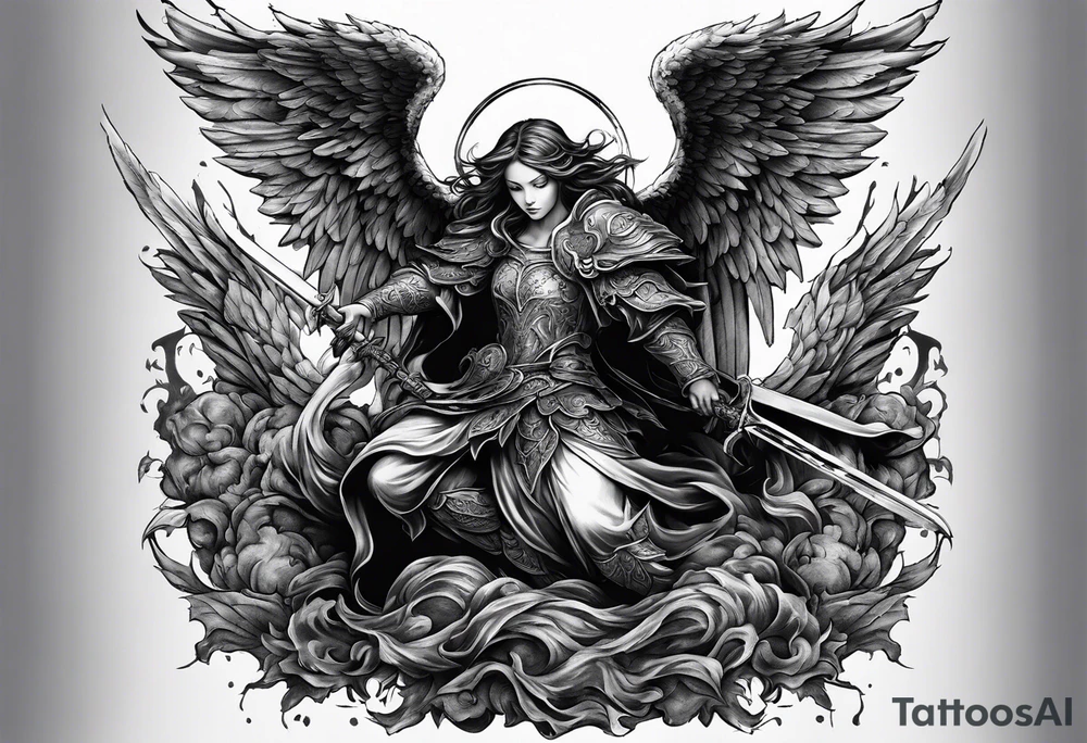 Angel with long sword on a pile of dead demons tattoo idea