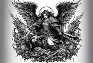 Angel with long sword on a pile of dead demons tattoo idea
