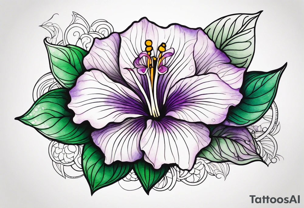 An outline of a rio dipladenia flower with a green and purple watercolor mix in the background tattoo idea