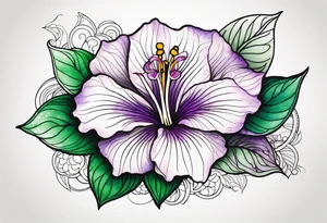 An outline of a rio dipladenia flower with a green and purple watercolor mix in the background tattoo idea