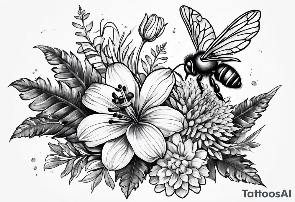 Half sleeve with crisanthium, ferns, leaves, and complimentary flowers with small bees tattoo idea