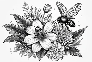 Half sleeve with crisanthium, ferns, leaves, and complimentary flowers with small bees tattoo idea