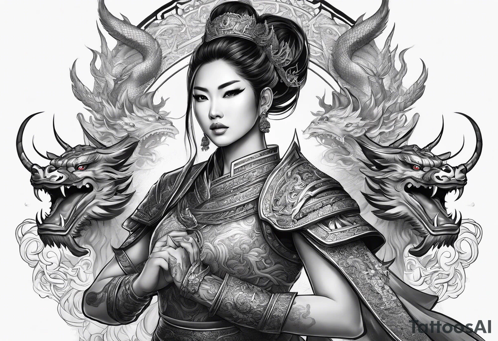 female warrior in thai clothing with twin dragons tattoo idea