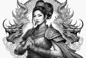 female warrior in thai clothing with twin dragons tattoo idea