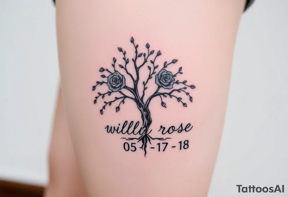 Willow tree with roses and the words "willow rose" and the numbers "05 - 17 - 18 tattoo idea
