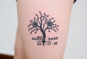 Willow tree with roses and the words "willow rose" and the numbers "05 - 17 - 18 tattoo idea