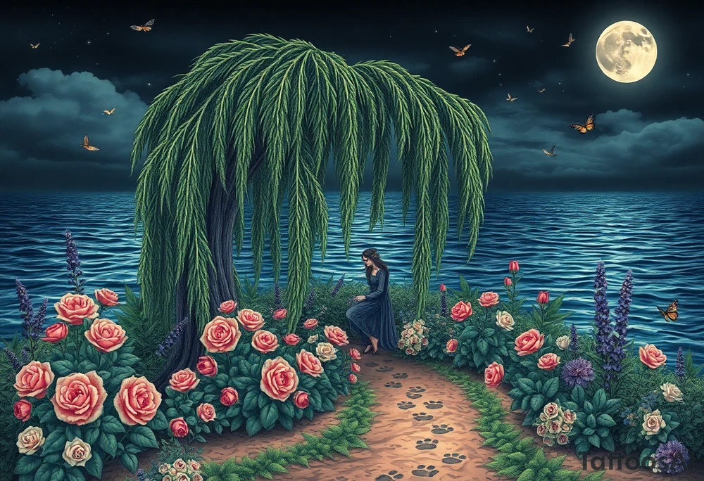 Night time. Ocean.  weeping willow garden with roses and liles flower beds. fantasy creatures, fairies, mermiads, dragons butterflies,  cat paw prints path in dirt. tattoo idea