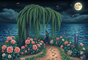 Night time. Ocean.  weeping willow garden with roses and liles flower beds. fantasy creatures, fairies, mermiads, dragons butterflies,  cat paw prints path in dirt. tattoo idea