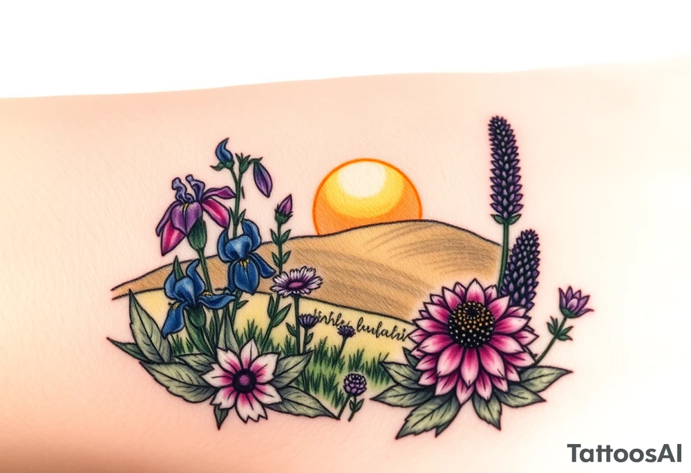 cutleaf coneflower, blue flag iris, bee balm, obedient plant, purple coneflower on a hill with a sunset tattoo idea